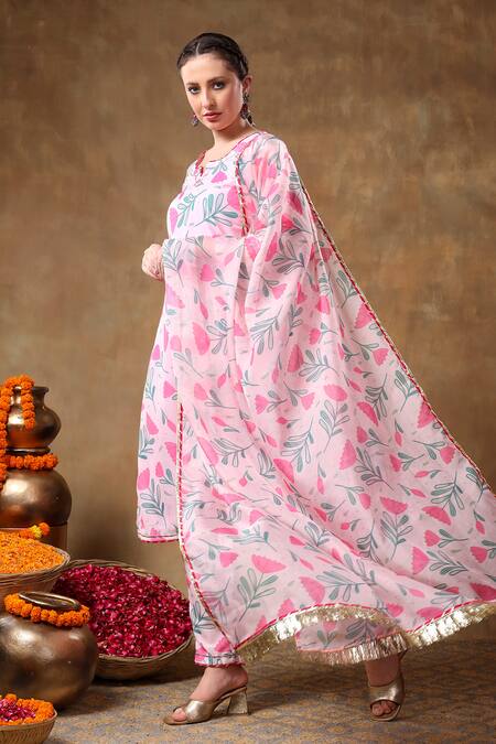 Buy Pomcha Jaipur Pink Muslin, Organza Gota Patti Round Neck Floral Print Kurta Pant Set Buy_Pomcha Jaipur_Pink Muslin, Organza Gota Patti Round Neck Floral Print Kurta Pant Set