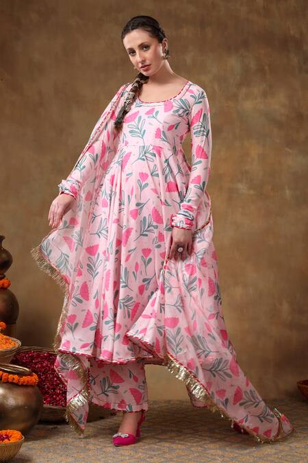 Buy Pomcha Jaipur Pink Muslin, Organza Gota Patti Scoop Neck Floral Print Anarkali Pant Set Online at Aza Fashions Buy_Pomcha Jaipur_Pink Muslin, Organza Gota Patti Scoop Neck Floral Print Anarkali Pant Set _Online_at_Aza_Fashions