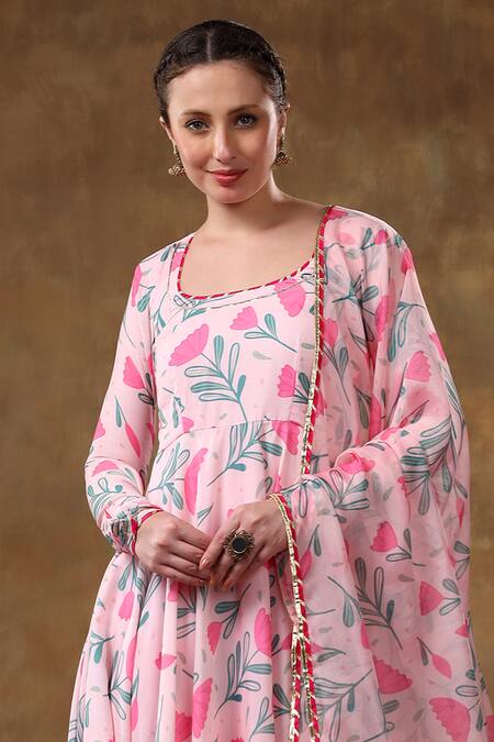 Shop Pomcha Jaipur Pink Muslin, Organza Gota Patti Scoop Neck Floral Print Anarkali Pant Set Online at Aza Fashions Shop_Pomcha Jaipur_Pink Muslin, Organza Gota Patti Scoop Neck Floral Print Anarkali Pant Set _Online_at_Aza_Fashions
