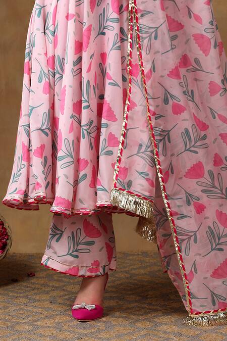 Pomcha Jaipur Pink Muslin, Organza Gota Patti Scoop Neck Floral Print Anarkali Pant Set at Aza Fashions Pomcha Jaipur_Pink Muslin, Organza Gota Patti Scoop Neck Floral Print Anarkali Pant Set _at_Aza_Fashions