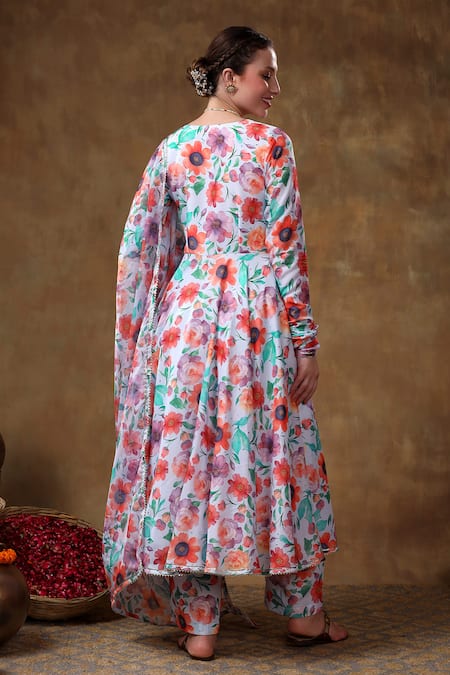 Pomcha Jaipur Blue Muslin, Organza Gota Patti V-neck Floral Print Anarkali Pant Set Online at Aza Fashions Pomcha Jaipur_Blue Muslin, Organza Gota Patti V-neck Floral Print Anarkali Pant Set _Online_at_Aza_Fashions