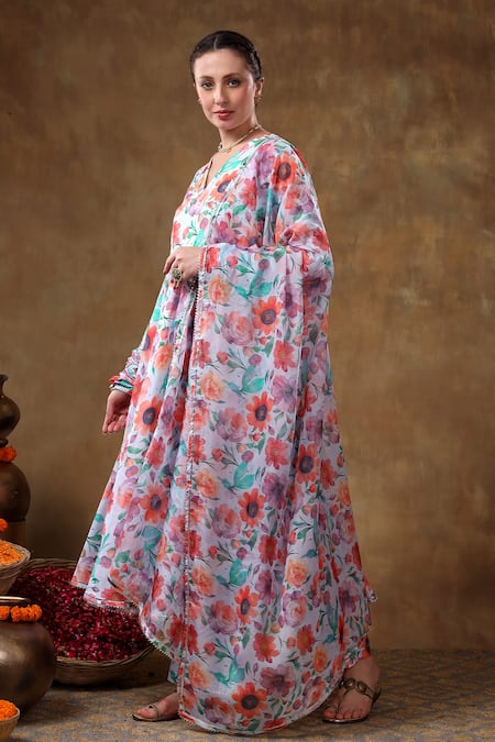 Buy Pomcha Jaipur Blue Muslin, Organza Gota Patti V-neck Floral Print Anarkali Pant Set Online at Aza Fashions Buy_Pomcha Jaipur_Blue Muslin, Organza Gota Patti V-neck Floral Print Anarkali Pant Set _Online_at_Aza_Fashions