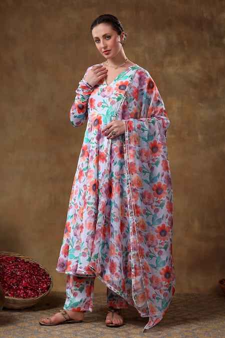 Shop Pomcha Jaipur Blue Muslin, Organza Gota Patti V-neck Floral Print Anarkali Pant Set Online at Aza Fashions Shop_Pomcha Jaipur_Blue Muslin, Organza Gota Patti V-neck Floral Print Anarkali Pant Set _Online_at_Aza_Fashions
