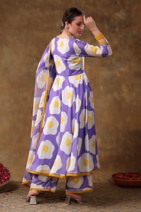 Pomcha Jaipur Purple Muslin, Organza Gota Patti Round Neck Egg Print Anarkali Pant Set Online at Aza Fashions Pomcha Jaipur_Purple Muslin, Organza Gota Patti Round Neck Egg Print Anarkali Pant Set _Online_at_Aza_Fashions
