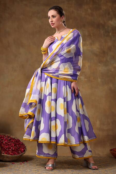 Shop Pomcha Jaipur Purple Muslin, Organza Gota Patti Round Neck Egg Print Anarkali Pant Set Online at Aza Fashions Shop_Pomcha Jaipur_Purple Muslin, Organza Gota Patti Round Neck Egg Print Anarkali Pant Set _Online_at_Aza_Fashions