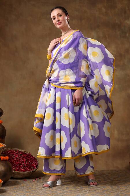Pomcha Jaipur Purple Muslin, Organza Gota Patti Round Neck Egg Print Anarkali Pant Set at Aza Fashions Pomcha Jaipur_Purple Muslin, Organza Gota Patti Round Neck Egg Print Anarkali Pant Set _at_Aza_Fashions