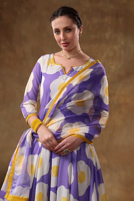 Buy Pomcha Jaipur Purple Muslin, Organza Gota Patti Round Neck Egg Print Anarkali Pant Set Buy_Pomcha Jaipur_Purple Muslin, Organza Gota Patti Round Neck Egg Print Anarkali Pant Set