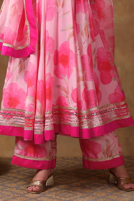 Buy_Pomcha Jaipur_Pink Muslin, Organza Gota Patti Scoop Neck Bloom Print Anarkali Pant Set _Online_at_Aza_Fashions