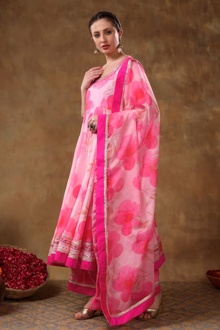 Pomcha Jaipur_Pink Muslin, Organza Gota Patti Scoop Neck Bloom Print Anarkali Pant Set _at_Aza_Fashions