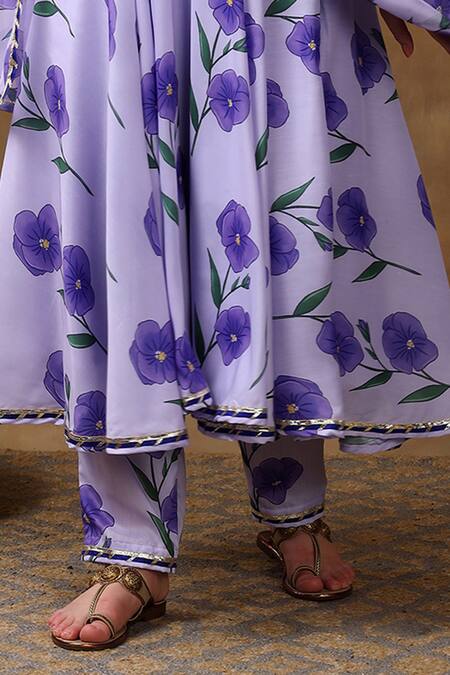 Buy_Pomcha Jaipur_Purple Muslin, Organza Gota Patti Round Neck Iris Print Anarkali Pant Set _Online_at_Aza_Fashions