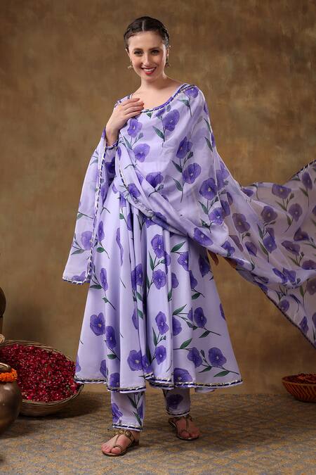 Shop_Pomcha Jaipur_Purple Muslin, Organza Gota Patti Round Neck Iris Print Anarkali Pant Set _Online_at_Aza_Fashions