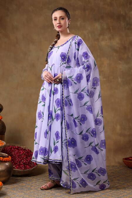 Pomcha Jaipur_Purple Muslin, Organza Gota Patti Round Neck Iris Print Anarkali Pant Set _at_Aza_Fashions