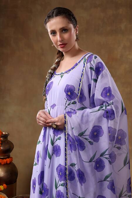 Buy_Pomcha Jaipur_Purple Muslin, Organza Gota Patti Round Neck Iris Print Anarkali Pant Set 