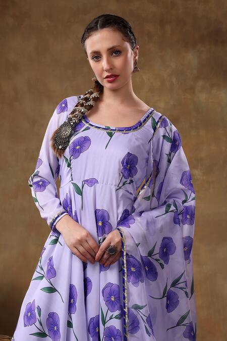Shop_Pomcha Jaipur_Purple Muslin, Organza Gota Patti Round Neck Iris Print Anarkali Pant Set 