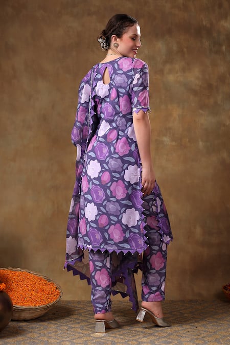 Pomcha Jaipur Purple Muslin, Organza Gota Patti Scoop Neck Blossom Print Kurta Pant Set Online at Aza Fashions Pomcha Jaipur_Purple Muslin, Organza Gota Patti Scoop Neck Blossom Print Kurta Pant Set _Online_at_Aza_Fashions