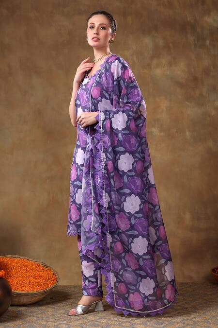 Pomcha Jaipur Purple Muslin, Organza Gota Patti Scoop Neck Blossom Print Kurta Pant Set at Aza Fashions Pomcha Jaipur_Purple Muslin, Organza Gota Patti Scoop Neck Blossom Print Kurta Pant Set _at_Aza_Fashions