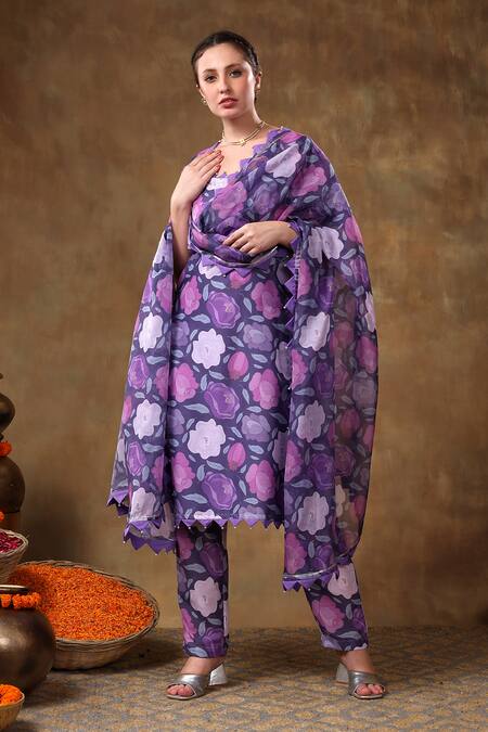 Buy Pomcha Jaipur Purple Muslin, Organza Gota Patti Scoop Neck Blossom Print Kurta Pant Set Buy_Pomcha Jaipur_Purple Muslin, Organza Gota Patti Scoop Neck Blossom Print Kurta Pant Set