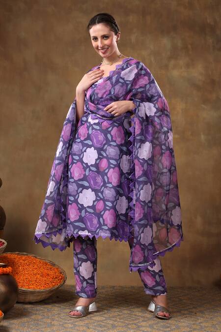 Shop Pomcha Jaipur Purple Muslin, Organza Gota Patti Scoop Neck Blossom Print Kurta Pant Set Shop_Pomcha Jaipur_Purple Muslin, Organza Gota Patti Scoop Neck Blossom Print Kurta Pant Set