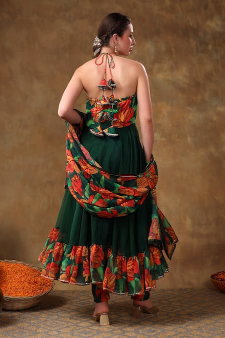 Pomcha Jaipur Green Organza, Muslin Gota Patti Halter Neck Gulshan Printed Anarkali Pant Set Online at Aza Fashions Pomcha Jaipur_Green Organza, Muslin Gota Patti Halter Neck Gulshan Printed Anarkali Pant Set _Online_at_Aza_Fashions