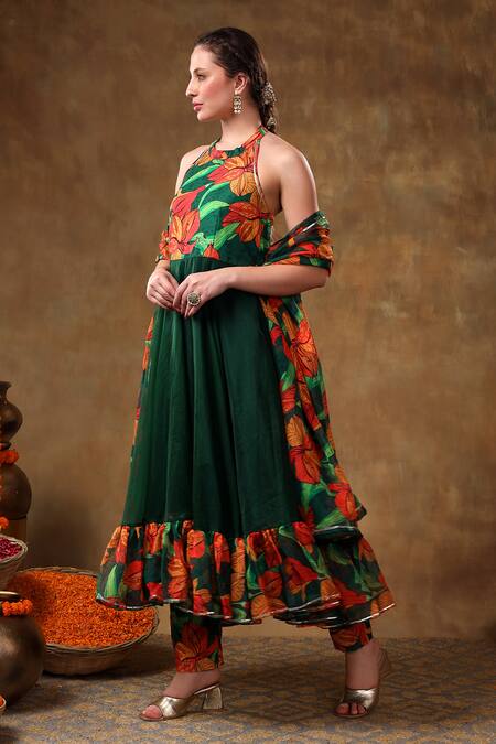 Buy Pomcha Jaipur Green Organza, Muslin Gota Patti Halter Neck Gulshan Printed Anarkali Pant Set Online at Aza Fashions Buy_Pomcha Jaipur_Green Organza, Muslin Gota Patti Halter Neck Gulshan Printed Anarkali Pant Set _Online_at_Aza_Fashions