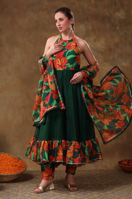 Shop Pomcha Jaipur Green Organza, Muslin Gota Patti Halter Neck Gulshan Printed Anarkali Pant Set Online at Aza Fashions Shop_Pomcha Jaipur_Green Organza, Muslin Gota Patti Halter Neck Gulshan Printed Anarkali Pant Set _Online_at_Aza_Fashions