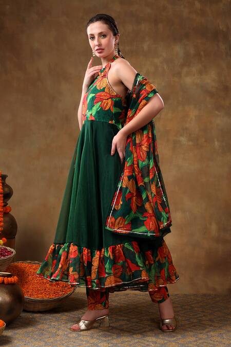 Buy Pomcha Jaipur Green Organza, Muslin Gota Patti Halter Neck Gulshan Printed Anarkali Pant Set Buy_Pomcha Jaipur_Green Organza, Muslin Gota Patti Halter Neck Gulshan Printed Anarkali Pant Set