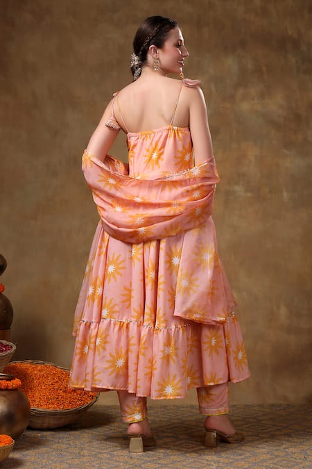 Pomcha Jaipur Peach Muslin, Organza Embroidery, Gota Patti Flora Print Anarkali Pant Set Online at Aza Fashions Pomcha Jaipur_Peach Muslin, Organza Embroidery, Gota Patti Flora Print Anarkali Pant Set _Online_at_Aza_Fashions