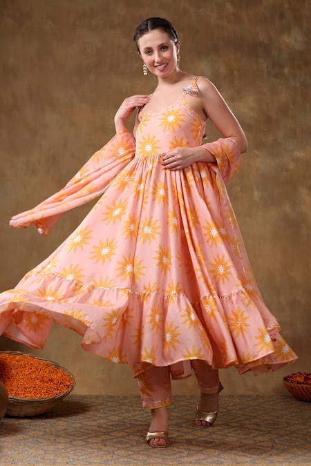 Buy Pomcha Jaipur Peach Muslin, Organza Embroidery, Gota Patti Flora Print Anarkali Pant Set Online at Aza Fashions Buy_Pomcha Jaipur_Peach Muslin, Organza Embroidery, Gota Patti Flora Print Anarkali Pant Set _Online_at_Aza_Fashions