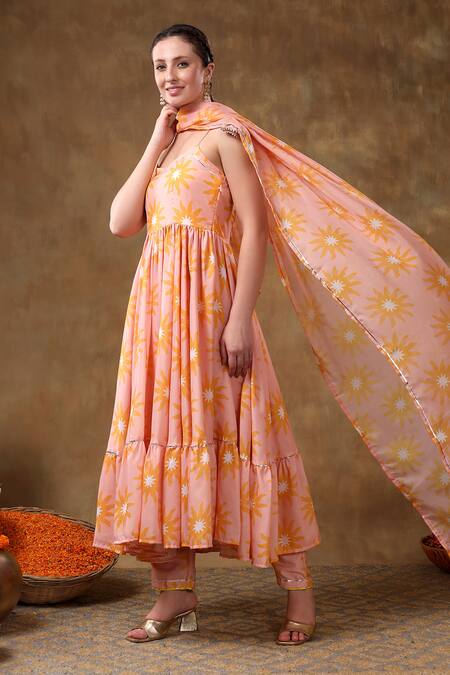 Shop Pomcha Jaipur Peach Muslin, Organza Embroidery, Gota Patti Flora Print Anarkali Pant Set Online at Aza Fashions Shop_Pomcha Jaipur_Peach Muslin, Organza Embroidery, Gota Patti Flora Print Anarkali Pant Set _Online_at_Aza_Fashions