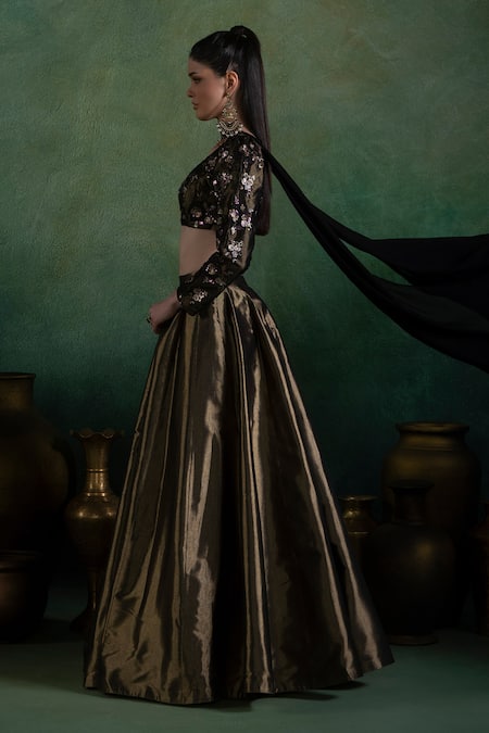 Buy Lashkaraa Gold Brocade, Georgette Sequins, Zari One Shoulder Metallic Lehenga Set Online at Aza Fashions Buy_Lashkaraa_Gold Brocade, Georgette Sequins, Zari One Shoulder Metallic Lehenga Set_Online_at_Aza_Fashions