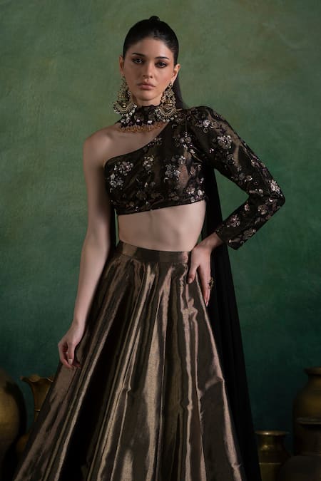 Lashkaraa Gold Brocade, Georgette Sequins, Zari One Shoulder Metallic Lehenga Set at Aza Fashions Lashkaraa_Gold Brocade, Georgette Sequins, Zari One Shoulder Metallic Lehenga Set_at_Aza_Fashions
