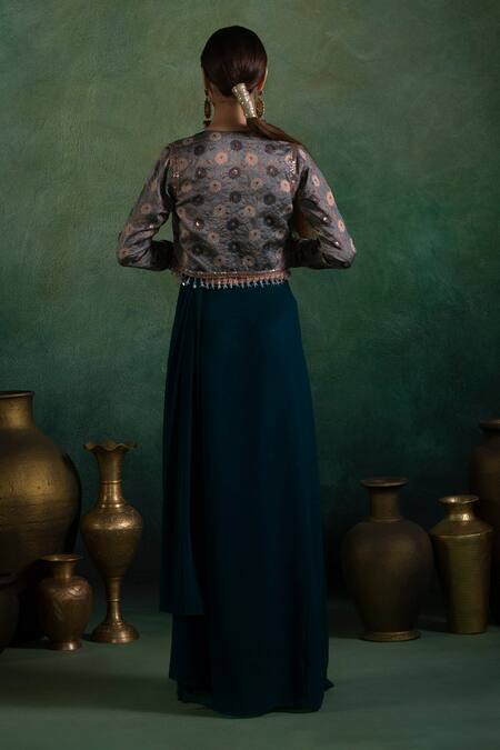 Shop Lashkaraa Multi Color Brocade, Georgette Zari, Sequins Floral Woven Jacket And Saree Set at Aza Fashions Shop_Lashkaraa_Multi Color Brocade, Georgette Zari, Sequins Floral Woven Jacket And Saree Set_at_Aza_Fashions