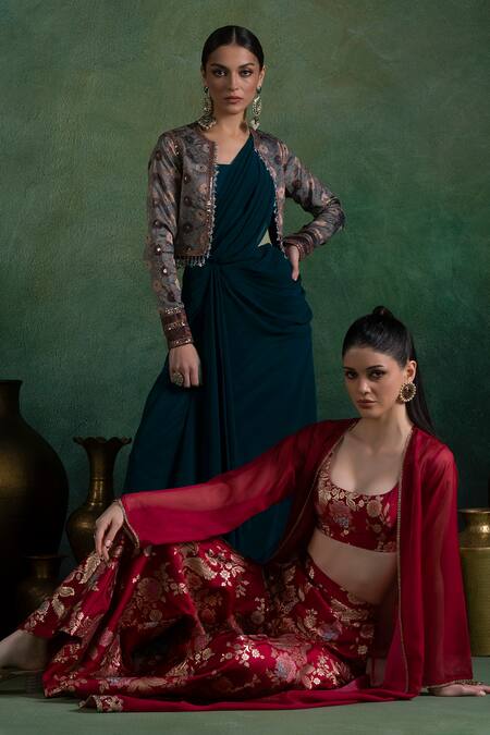 Lashkaraa Multi Color Brocade, Georgette Zari, Sequins Floral Woven Jacket And Saree Set Online at Aza Fashions Lashkaraa_Multi Color Brocade, Georgette Zari, Sequins Floral Woven Jacket And Saree Set_Online_at_Aza_Fashions