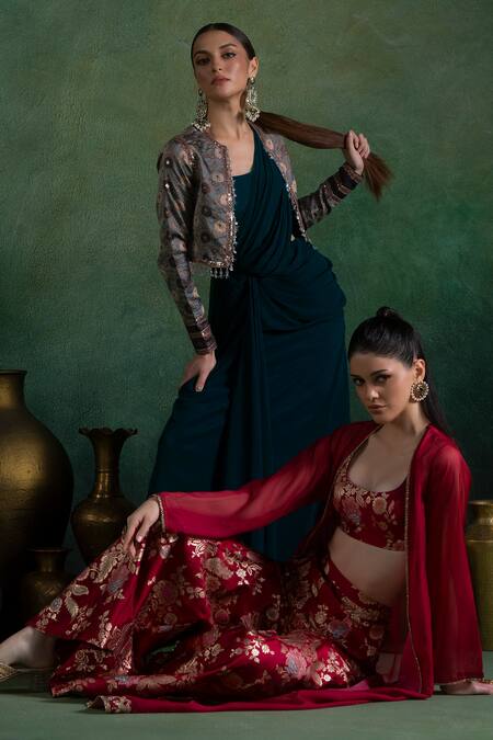 Buy Lashkaraa Multi Color Brocade, Georgette Zari, Sequins Floral Woven Jacket And Saree Set Online at Aza Fashions Buy_Lashkaraa_Multi Color Brocade, Georgette Zari, Sequins Floral Woven Jacket And Saree Set_Online_at_Aza_Fashions