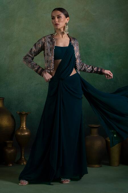 Buy Lashkaraa Multi Color Brocade, Georgette Zari, Sequins Floral Woven Jacket And Saree Set Buy_Lashkaraa_Multi Color Brocade, Georgette Zari, Sequins Floral Woven Jacket And Saree Set