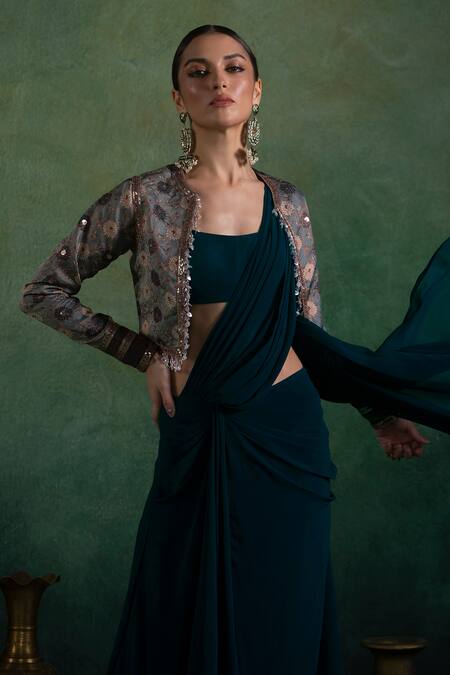 Shop Lashkaraa Multi Color Brocade, Georgette Zari, Sequins Floral Woven Jacket And Saree Set Shop_Lashkaraa_Multi Color Brocade, Georgette Zari, Sequins Floral Woven Jacket And Saree Set