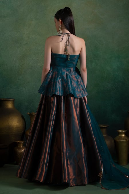 Shop Lashkaraa Blue Brocade, Net Sequins, Zari Halter Neck Embroidered Peplum Top And Lehenga Set at Aza Fashions Shop_Lashkaraa_Blue Brocade, Net Sequins, Zari Halter Neck Embroidered Peplum Top And Lehenga Set_at_Aza_Fashions
