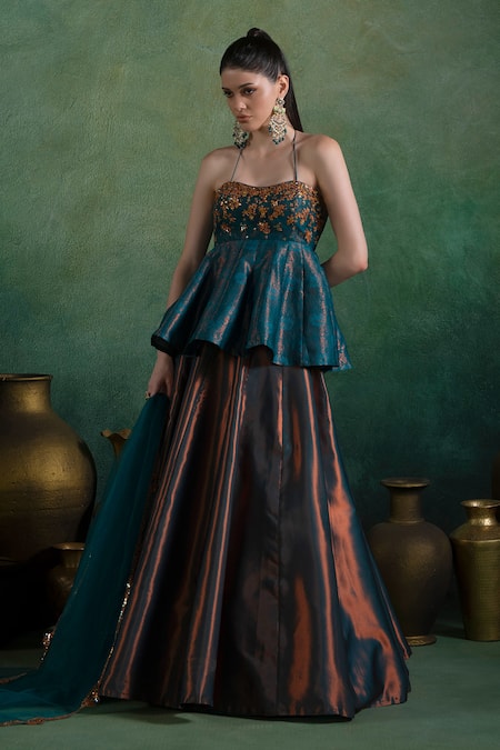 Lashkaraa Blue Brocade, Net Sequins, Zari Halter Neck Embroidered Peplum Top And Lehenga Set Online at Aza Fashions Lashkaraa_Blue Brocade, Net Sequins, Zari Halter Neck Embroidered Peplum Top And Lehenga Set_Online_at_Aza_Fashions