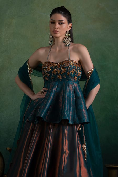 Buy Lashkaraa Blue Brocade, Net Sequins, Zari Halter Neck Embroidered Peplum Top And Lehenga Set Online at Aza Fashions Buy_Lashkaraa_Blue Brocade, Net Sequins, Zari Halter Neck Embroidered Peplum Top And Lehenga Set_Online_at_Aza_Fashions