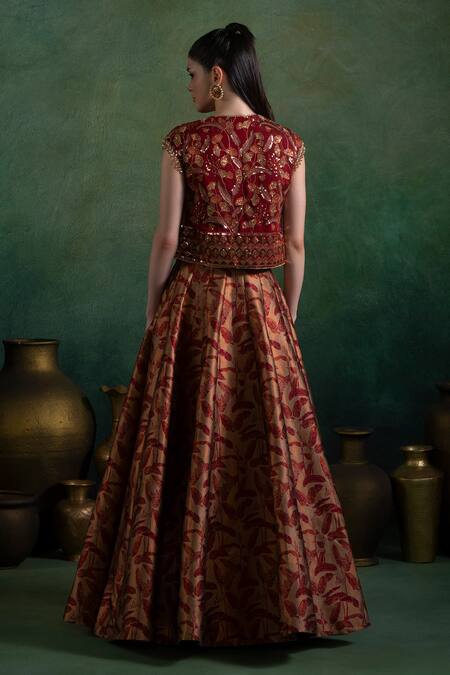Shop Lashkaraa Maroon Brocade, Silk Sequins, Zari Open Blossom Embroidered Jacket And Lehenga Set at Aza Fashions Shop_Lashkaraa_Maroon Brocade, Silk Sequins, Zari Open Blossom Embroidered Jacket And Lehenga Set_at_Aza_Fashions