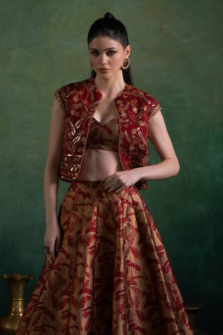 Lashkaraa Maroon Brocade, Silk Sequins, Zari Open Blossom Embroidered Jacket And Lehenga Set Online at Aza Fashions Lashkaraa_Maroon Brocade, Silk Sequins, Zari Open Blossom Embroidered Jacket And Lehenga Set_Online_at_Aza_Fashions
