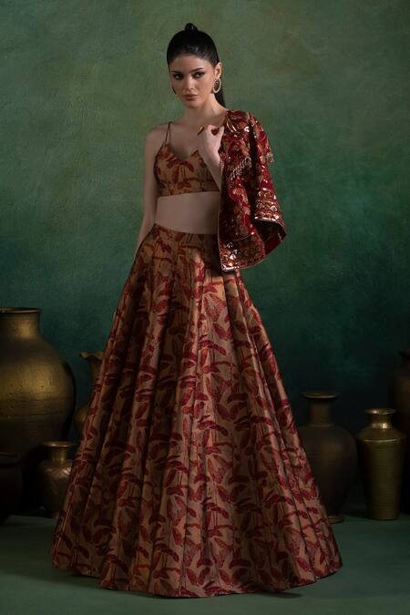 Buy Lashkaraa Maroon Brocade, Silk Sequins, Zari Open Blossom Embroidered Jacket And Lehenga Set Online at Aza Fashions Buy_Lashkaraa_Maroon Brocade, Silk Sequins, Zari Open Blossom Embroidered Jacket And Lehenga Set_Online_at_Aza_Fashions