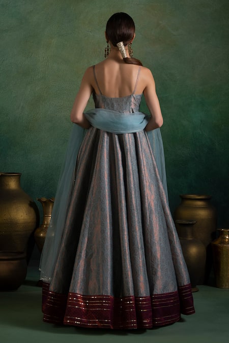 Lashkaraa Blue Brocade, Net Sequins, Embroidery Sweetheart Neck Floral Woven Anarkali Set Online at Aza Fashions Lashkaraa_Blue Brocade, Net Sequins, Embroidery Sweetheart Neck Floral Woven Anarkali Set _Online_at_Aza_Fashions