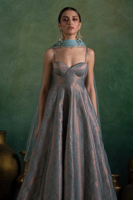 Buy Lashkaraa Blue Brocade, Net Sequins, Embroidery Sweetheart Neck Floral Woven Anarkali Set Online at Aza Fashions Buy_Lashkaraa_Blue Brocade, Net Sequins, Embroidery Sweetheart Neck Floral Woven Anarkali Set _Online_at_Aza_Fashions