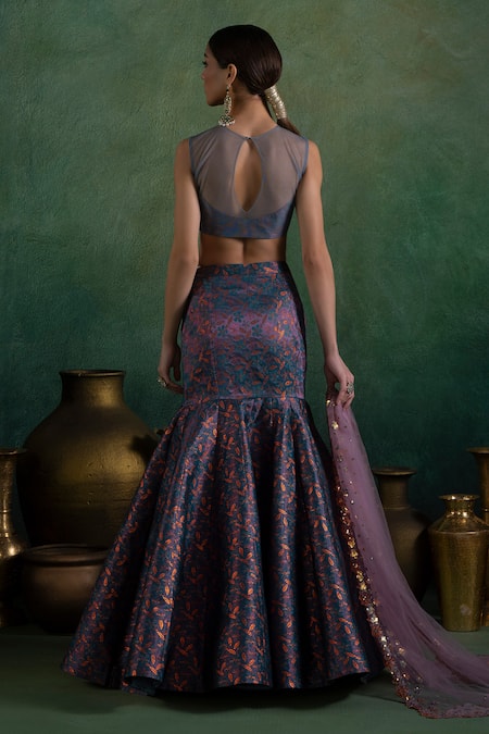 Lashkaraa Gray Brocade, Net Sequins, Zari Round Neck Gardenia Woven Lehenga Set Online at Aza Fashions Lashkaraa_Gray Brocade, Net Sequins, Zari Round Neck Gardenia Woven Lehenga Set _Online_at_Aza_Fashions