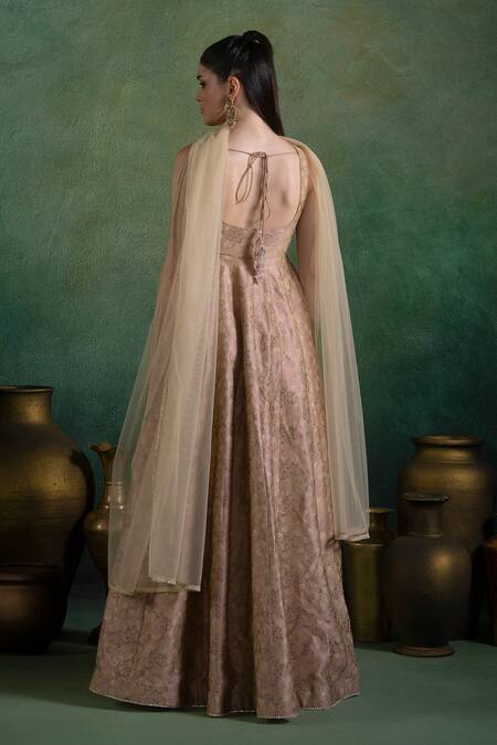 Shop Lashkaraa Gold Brocade, Net, Satin Zari, Sequins Square And Peach Embroidered Anarkali Set at Aza Fashions Shop_Lashkaraa_Gold Brocade, Net, Satin Zari, Sequins Square And Peach Embroidered Anarkali Set_at_Aza_Fashions