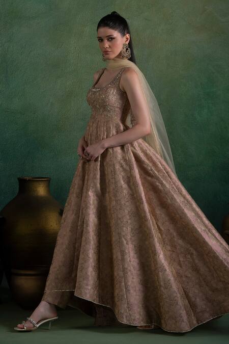 Lashkaraa Gold Brocade, Net, Satin Zari, Sequins Square And Peach Embroidered Anarkali Set Online at Aza Fashions Lashkaraa_Gold Brocade, Net, Satin Zari, Sequins Square And Peach Embroidered Anarkali Set_Online_at_Aza_Fashions