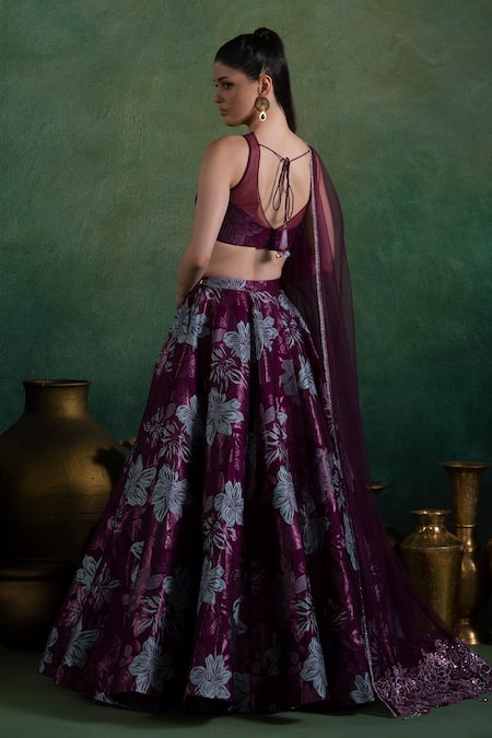 Shop Lashkaraa Wine Brocade, Net Embroidery V-neck Florence Woven Lehenga Set at Aza Fashions Shop_Lashkaraa_Wine Brocade, Net Embroidery V-neck Florence Woven Lehenga Set_at_Aza_Fashions