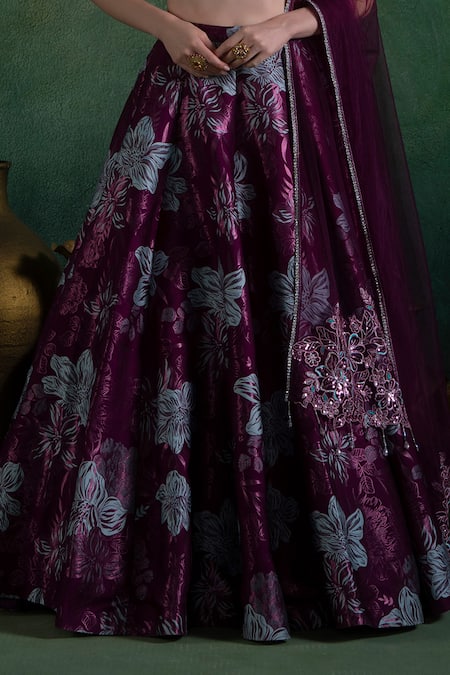 Lashkaraa Wine Brocade, Net Embroidery V-neck Florence Woven Lehenga Set Online at Aza Fashions Lashkaraa_Wine Brocade, Net Embroidery V-neck Florence Woven Lehenga Set_Online_at_Aza_Fashions