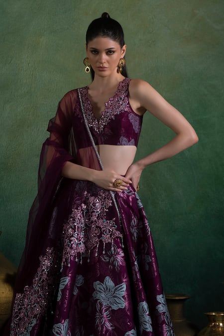 Buy Lashkaraa Wine Brocade, Net Embroidery V-neck Florence Woven Lehenga Set Online at Aza Fashions Buy_Lashkaraa_Wine Brocade, Net Embroidery V-neck Florence Woven Lehenga Set_Online_at_Aza_Fashions